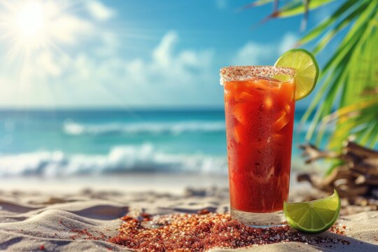 Chilled michelada cocktail with a lime on a sandy beach with ocean waves