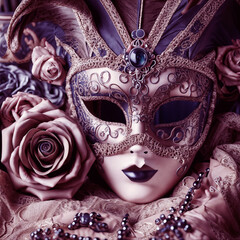 a purple mask with a purple rose on it, a stock photo , shutterstock contest winner, rococo, behance hd, ornate, rococo