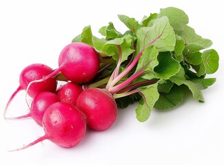 Fresh, vibrant red radishes with green leaves and dew drops, isolated on a white background.