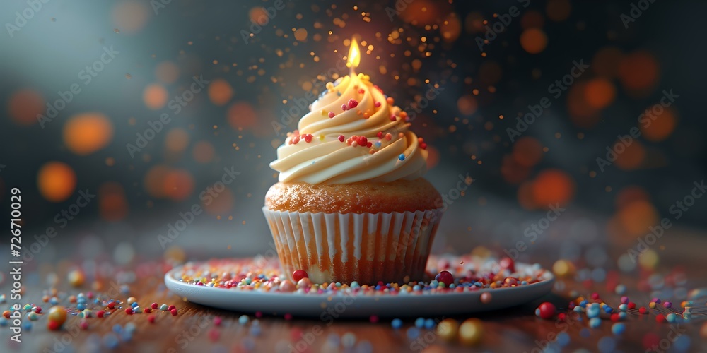 Canvas Prints Festive cupcake with a lit candle, surrounded by sprinkles. capturing celebration, warmth, and sweetness in a homestyle setting. AI