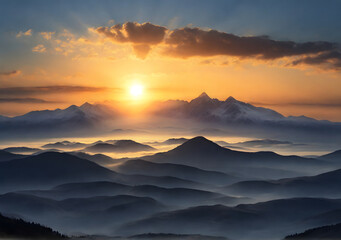 Sunrise over the mountains in the early morning, the first rays of the sun due to the silhouettes of the mountains