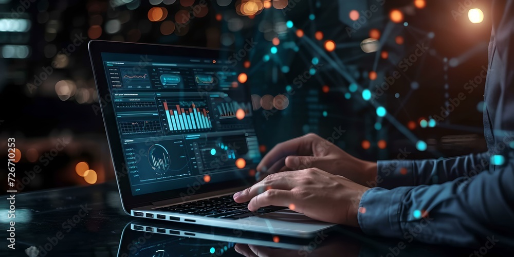 Poster professional at work on laptop with futuristic interface. focused analyst using technology. modern w