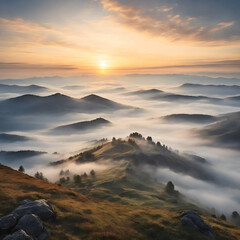 Foggy landscape in the mountains during sunrise, amazing nature view, travel and tourism concept image