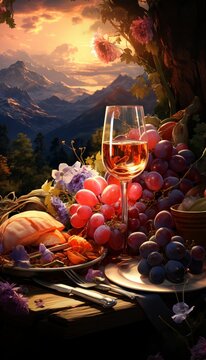 A picturesque scene featuring ripe purple grapes on the vine, a glass of rose wine, and the majestic Swiss Alps at sunset. Perfect for wine tasting or a romantic picnic. Illustration.