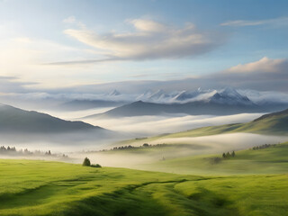 Idyllic landscape with green grass covered morning mountains with distant peaks and wide valley full of thick white cloudy fog.