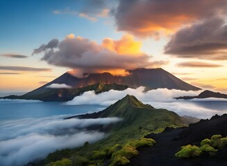 Amazing sunset light and color on volcano island in background with clouds and blue sky. Beautiful travel destination. Landscape of mountain peak and magic misty fog in foreground