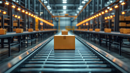 Fototapeta premium Cardboard box on a conveyor belt in an industrial warehouse