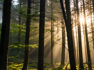Sun casting beams through branches of forest trees