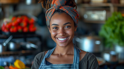 African girl cook with lovely smile cooking in professional kitchen