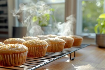 Warm vegan muffins on a cooling rack with steam rising