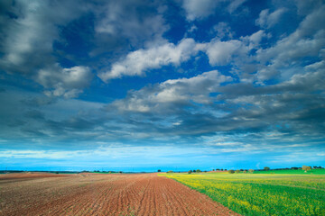 Expansive farmland under a dramatic cloudy sky