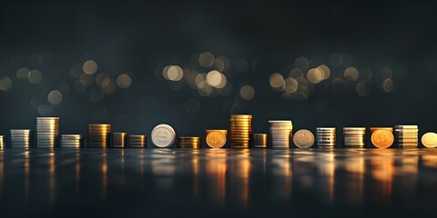 Stacks of coins with varying heights on a reflective surface, representing financial growth and investment strategy, captured in elegant low-light. AI - obrazy, fototapety, plakaty
