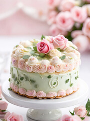 Fototapeta na wymiar Beautiful sweet cake decorated with creamy flowers.
