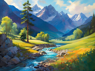 Scenic nature view oil painting. Landscape art with mountains and river.