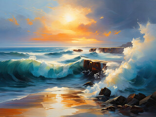 The oil painting of the sea coast. Coastal art. Scenic nature view. - obrazy, fototapety, plakaty