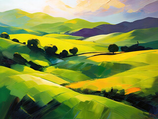 Scenic nature view oil painting. Landscape art with green fields.