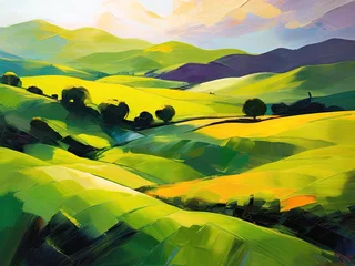 Photo sur Plexiglas Jaune Scenic nature view oil painting. Landscape art with green fields.