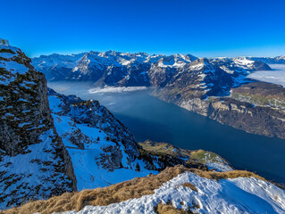 Aerial drone view of snow covered ski slopes at Stoos,Switzerland