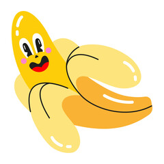 Joyful yellow fruit peeled banana with eyes and smile. Retro pop sticker. Flat doodle style. Vector illustration.