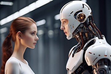 Fototapeta premium A scene capturing the seamless communication between a person and an AI robot in a futuristic tech concert, showcasing the integration of human and artificial intelligence.