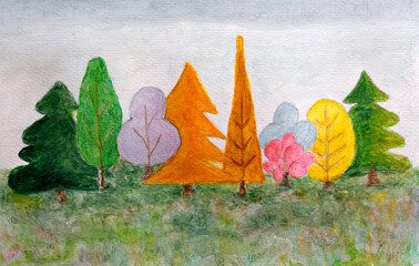 Watercolor painted abstract forest with coloful trees