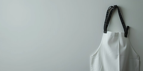 Professional Chef's Apron in Modern Kitchen Setting. Close-up of female white apron worn by a chef, background with copy space.