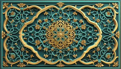 detailed arabic geometric patterns in gold and turquoise hues ceiling design 