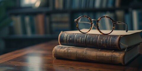 Vintage eyeglasses on antique books in library. classic still life, academic or literary concept. retro style image with soft focus. AI - obrazy, fototapety, plakaty