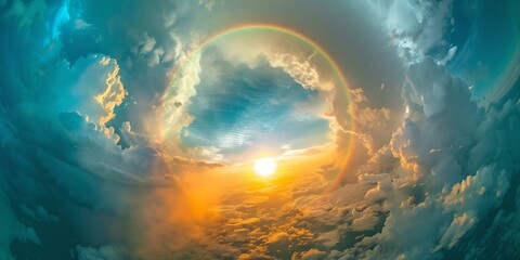Ethereal sunset sky with circular rainbow halo. aesthetic natural phenomenon for calm backgrounds. vivid colors, dreamy landscape. AI
