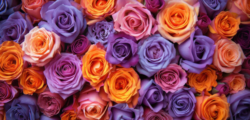 Naklejka premium lush bouquet of violet and orange roses in full bloom