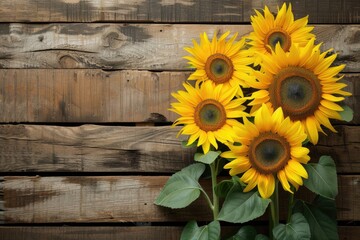 Obraz premium sunflowers on rustic wooden background many wooden slats