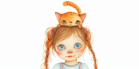 Baby girl play with ginger cat on white background. Friendship concept. Panorama