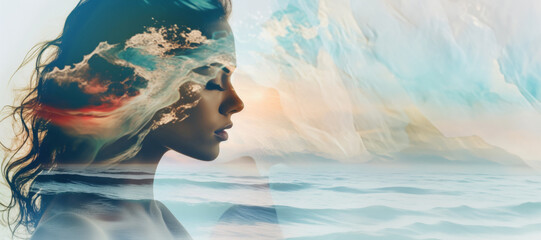 Double exposure of a beautiful woman and the sea. Meditation concept. Panorama