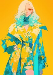 high end Albino model, teal and yelow gradient, fashionable outfit, pop glitch