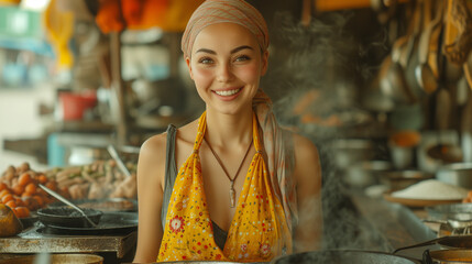 Oriental looking girl in a professional kitchen with a cute smile - obrazy, fototapety, plakaty