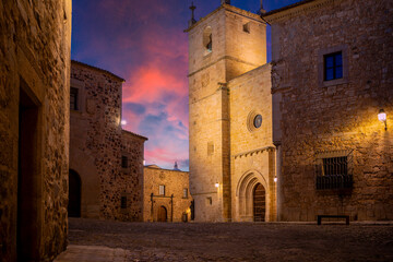 View at dusk of the square where the Santa María Co-Cathedral is located, in Cáceres,...