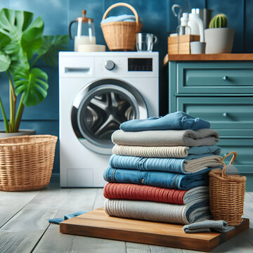 Piles of clothes, washing machine and home laundry concept