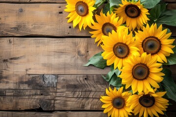Obraz premium sunflowers on rustic wooden background many wooden slats
