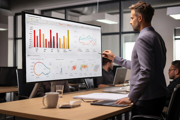 Fototapeta na wymiar Business Analyst Presenting Financial Data on a Large Monitor in a Modern Office