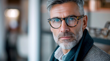 Fototapeta premium Portrait of a Confident middle aged Man wearing pair of trendy glasses Looking at camera
