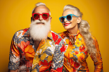 Obraz premium Stylish Senior Couple in Floral Outfits with Colorful Sunglasses on Yellow Background