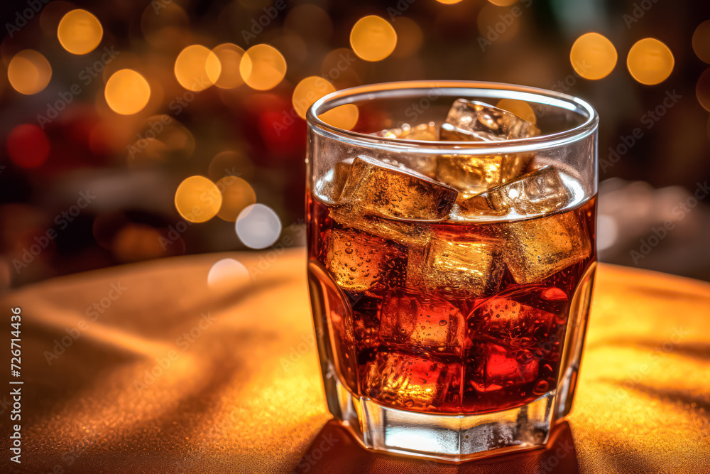 Poster indulge in the rich ambiance of a glass of whiskey with natural ice against a rough, rusty backgroun