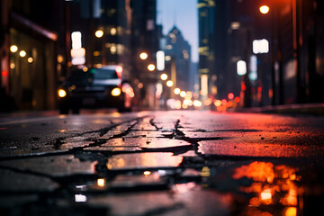 crack in road on the middle of a busy city street that looks like it was broken by an earthquake. background blurry for a busy city street , cars and building , night - obrazy, fototapety, plakaty