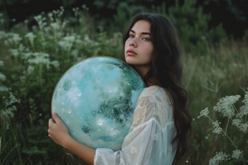Fototapeta premium Beautiful Woman Holding Circular Painting Of The Moon Earth