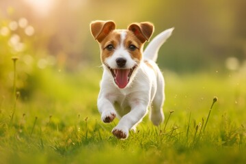 Enthusiastic Jack Russell Puppy Delightfully Racing Through Vast Fields - Ideal Symmetrical Image With Center Composition For Text Placement