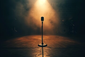 The Prominent Microphone Stand: Focal Point In An Intimate Concert Setting, Perfect Symmetry And Copy Space
