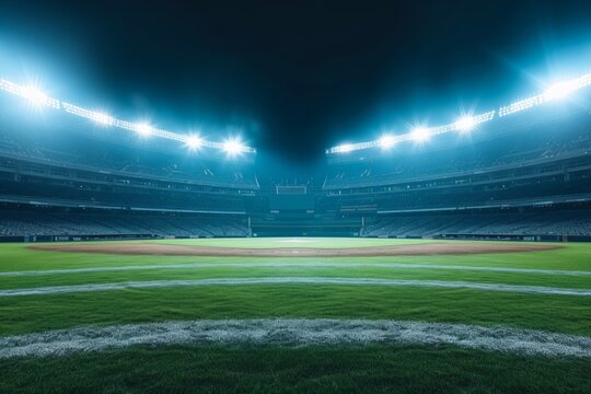 Serene Capture: Eerily Desolate Baseball Stadium, Illuminated Field Shining Amidst Bright Lights. Perfectly Symmetrical Photograph With Centered Composition And Copy Space.