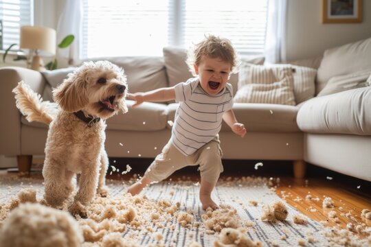 Mischievous Toddler And Dog Create Chaos In Brightly Lit Livingroom