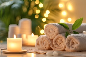 Tranquil Spa Setting With Softly Glowing Candles And Neatly Rolled Towels