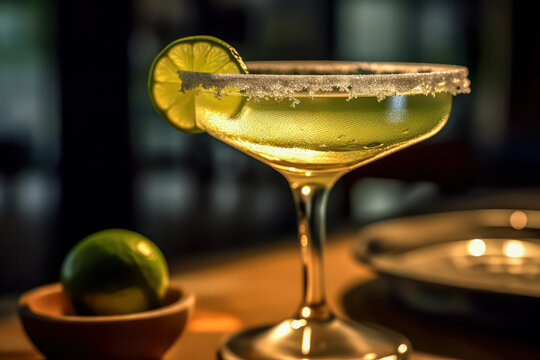 Savor the refreshing vibes with a perfect Margarita cocktail adorned with ice, a zesty lime slice, and a salt rimmed glass. A tantalizing image for any cocktail enthusiast.